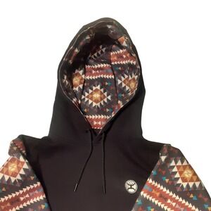 Hooey Mens Hoodie Black Southwestern Geometric Pattern Sleeves Pullover Large